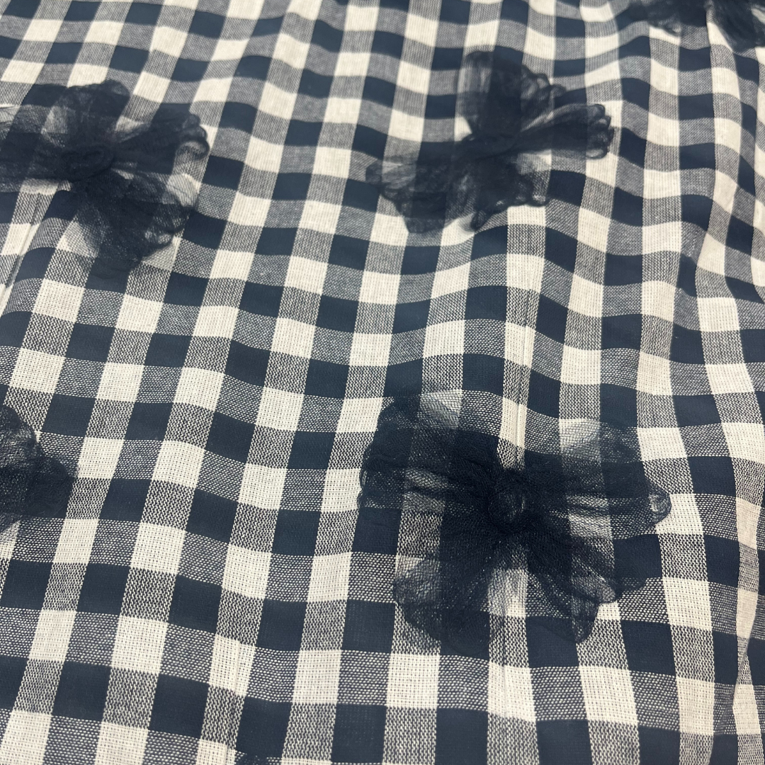 Navy Yarn Dyed Check with 3D Tulle flowers