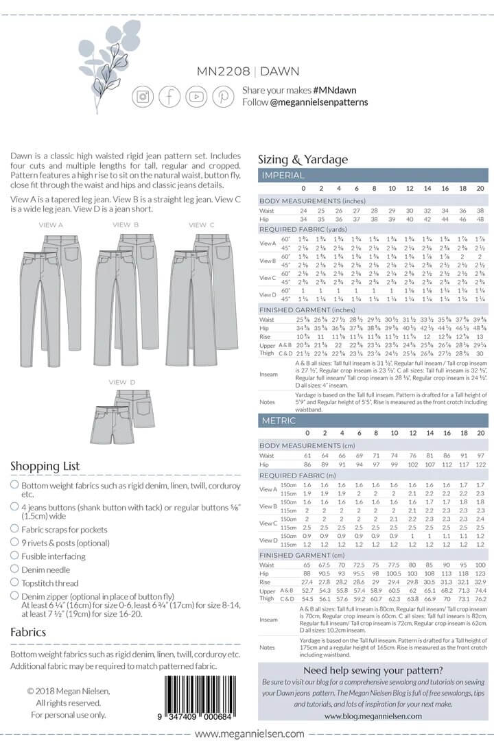 Megan Nielsen | Dawn Jeans Paper Pattern
