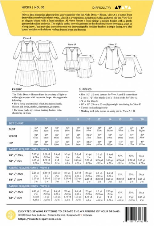 Closet Core | Nicks Dress and Blouse Paper Pattern