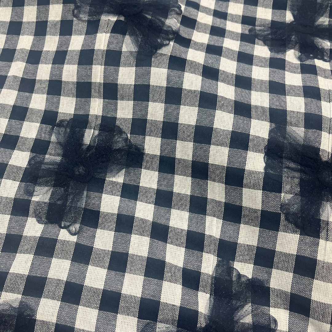 Navy Yarn Dyed Check with 3D Tulle flowers