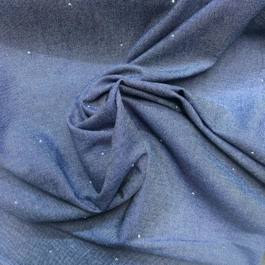 Dark Blue Denim Chambray with Diamonte Studs 110cm remnant
