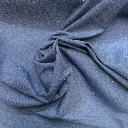 Dark Blue Denim Chambray with Diamonte Studs 110cm remnant