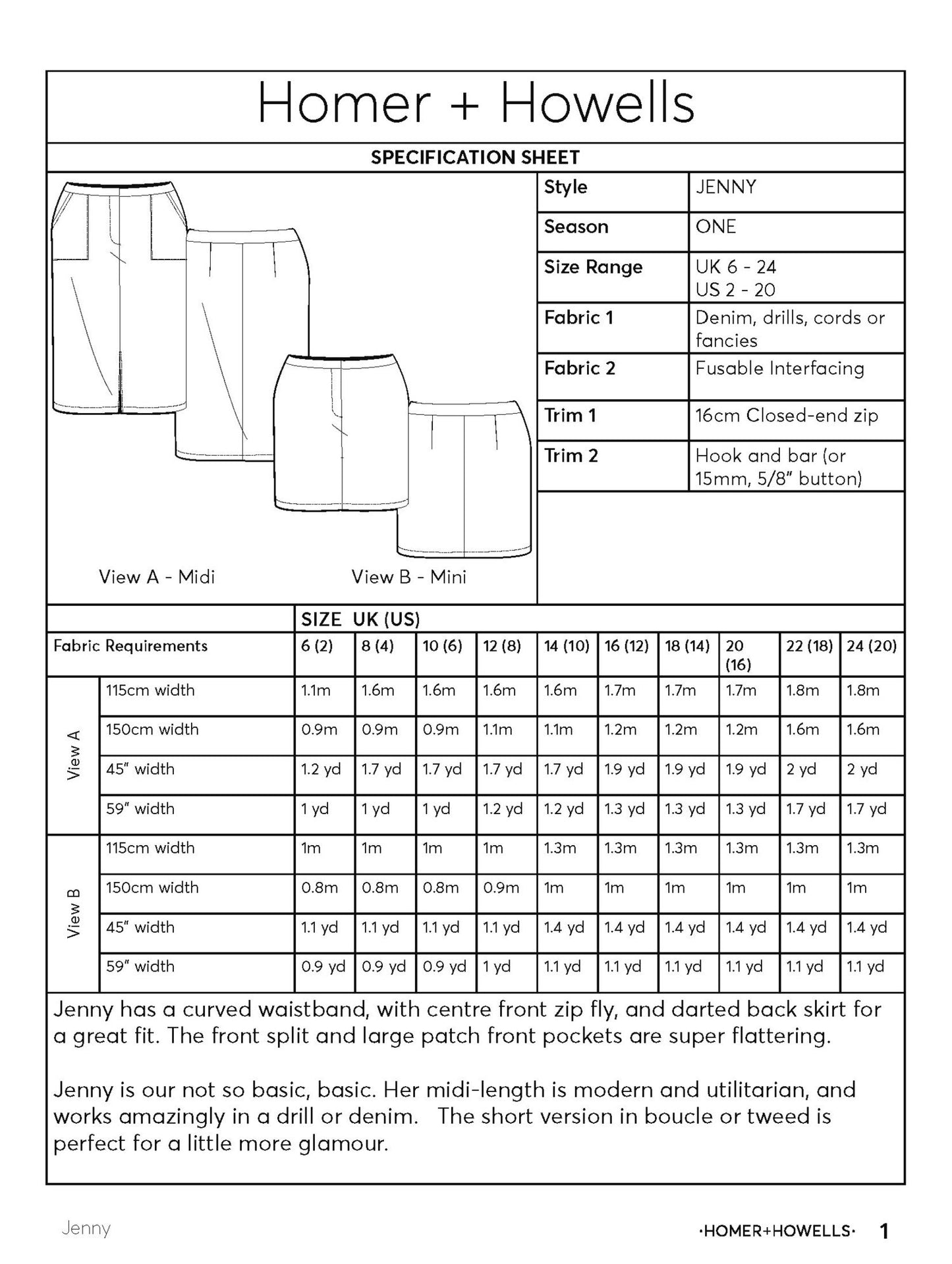Homer and Howells Jenny Skirt Pattern