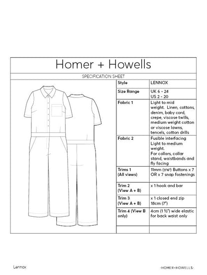 Homer and Howells Lennox Boilersuit Pattern