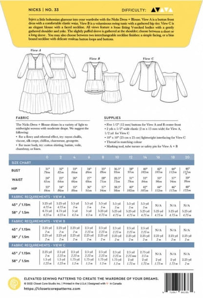 Closet Core | Nicks Dress and Blouse Paper Pattern