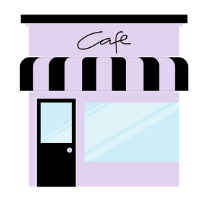 Illustration of a cafe with a purple facade, black door, and striped awning.
