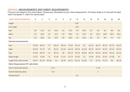 Measurement chart for dress sizes with imperial measurements and fabric requirements.