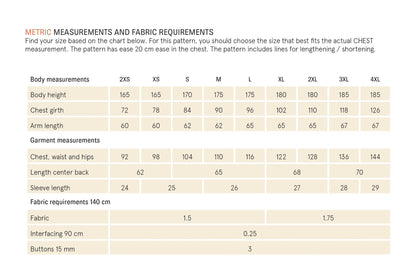 Fabric requirements and size chart for a garment pattern